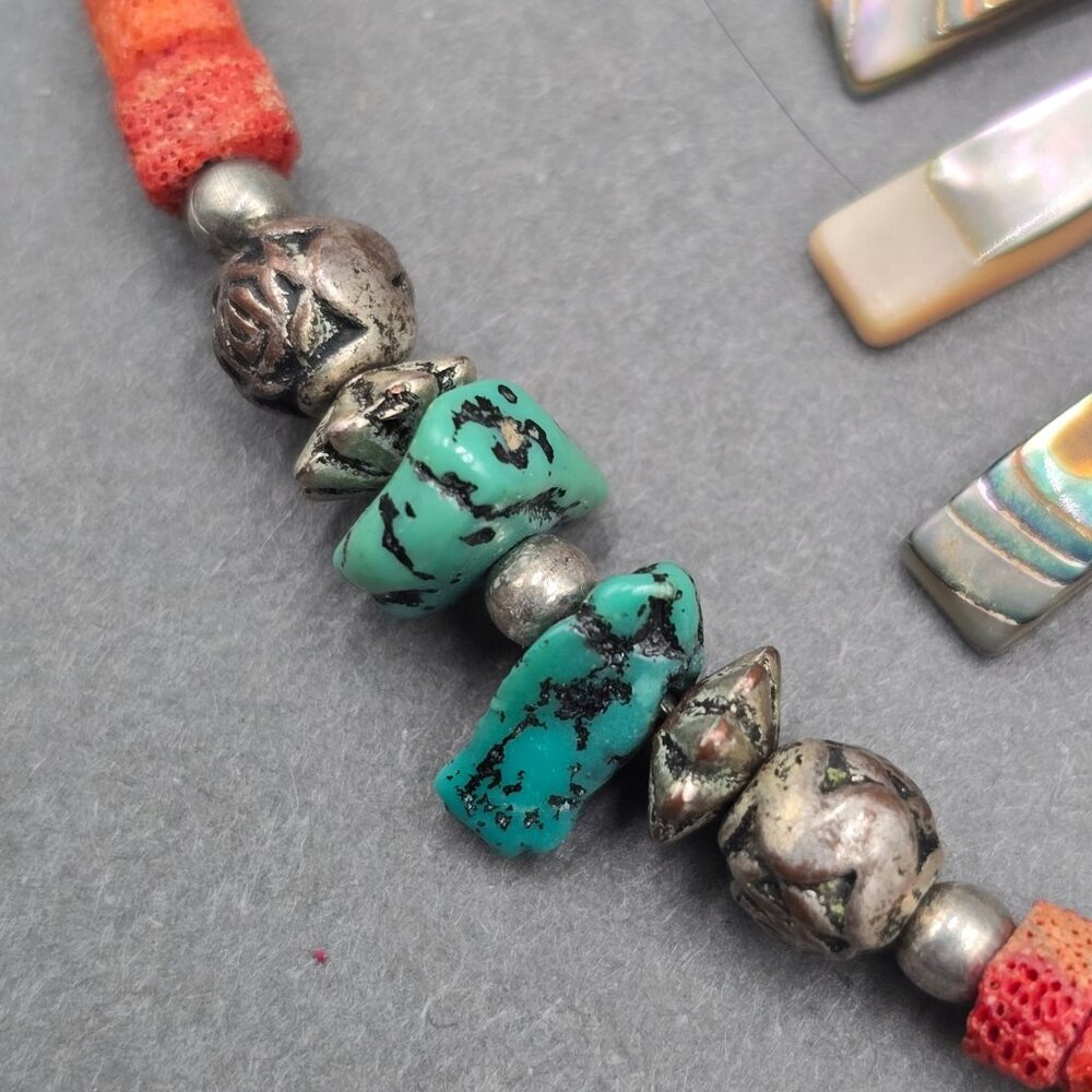 Vintage Southwestern Abalone Shell Turquoise Coral Heishi Necklace 24" Layered - Picture 6 of 13
